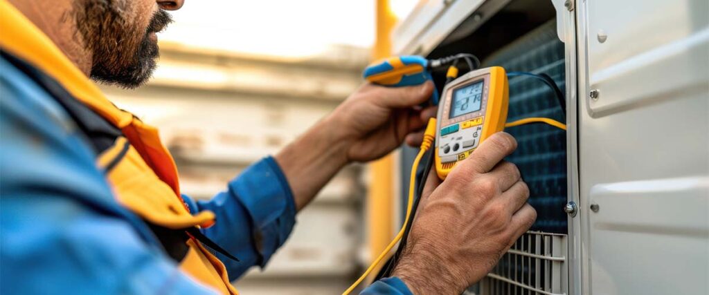 preventative air conditioning maintenance to avoid costly AC repair - serviceman checking ac unit